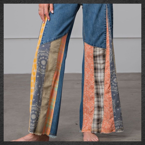 easel Pants & Jumpsuits Easel Loose Fit 0 Cotton Denim Patchwork Flared Leg Bell Bottom Jean